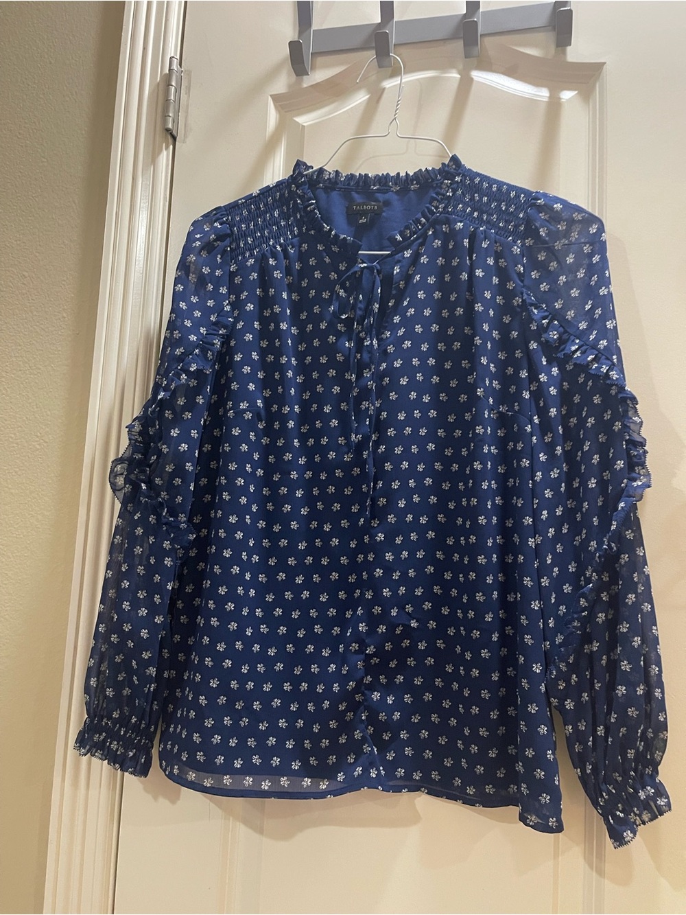 Talbots Navy Blue Floral Smocked-Ruffle Long Sleeve Top